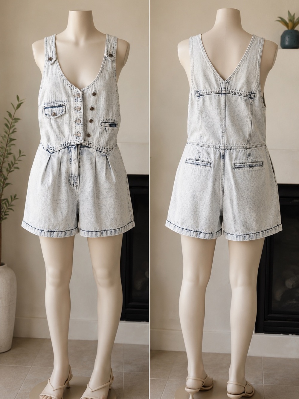 Vintage 80s 90s Squeeze Acid Wash Denim  Shortalls Size 5/6 Hong Kong Cotton